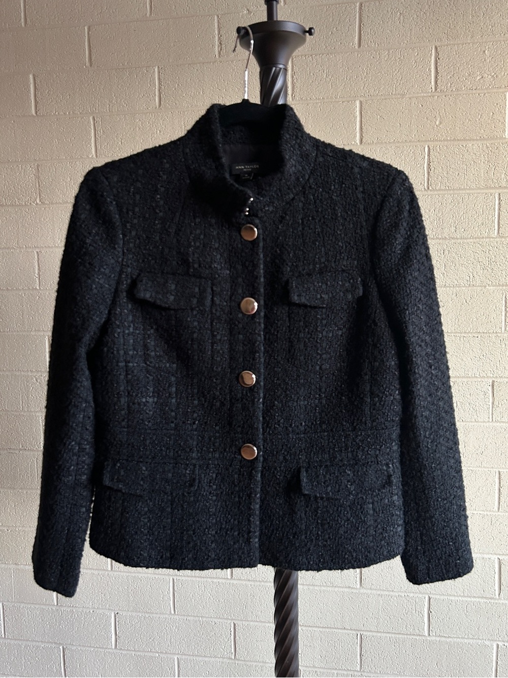 Ann Taylor Petite 8P Black Tweed Little Jacket Silver Buttons | Tailored Fitted